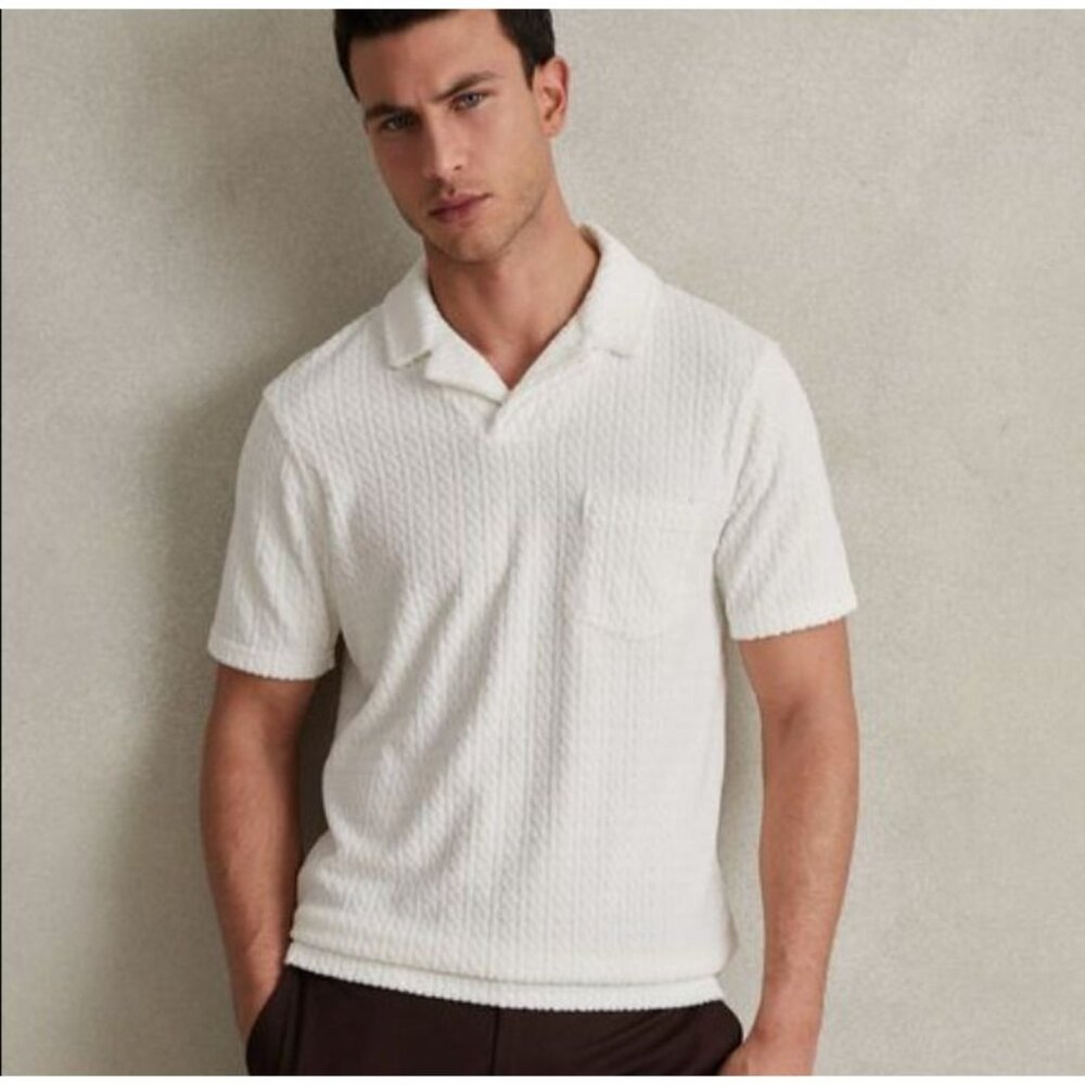 Reiss NWOT Cuba Cable Terry Cloth Polo Shirt Size S White